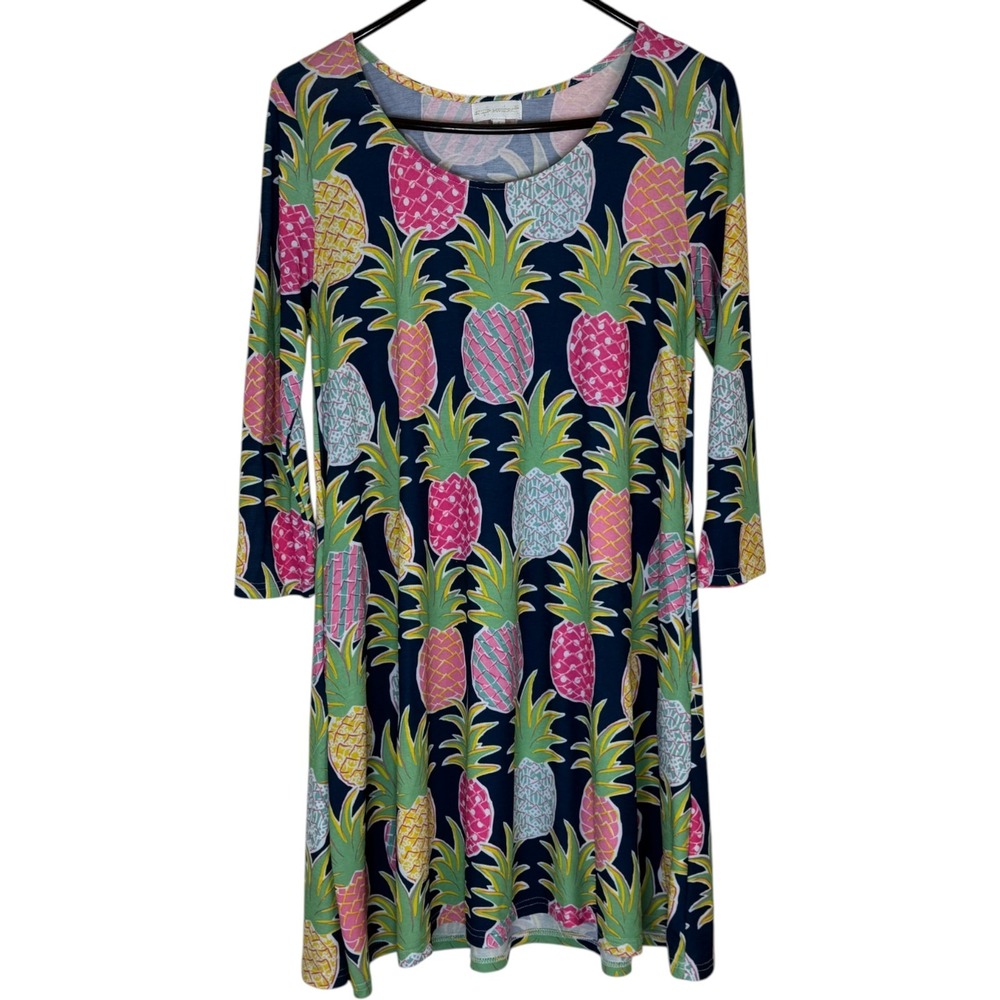 Simply Southern Dress Women Small Navy Blue Pineapple Print 3/4 Sleeve T-Shirt‎